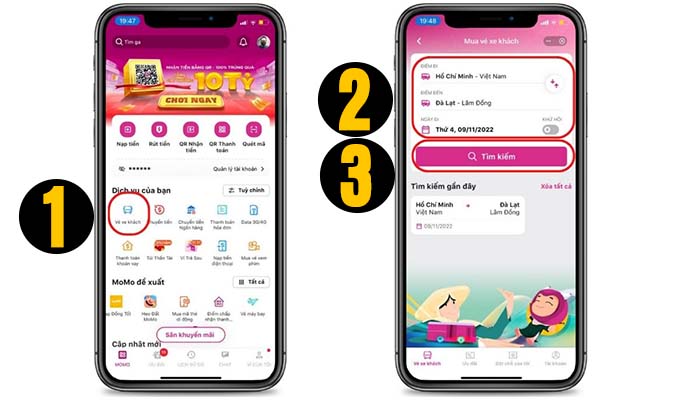 đặt vé xe phương trang online qua momo bước 1