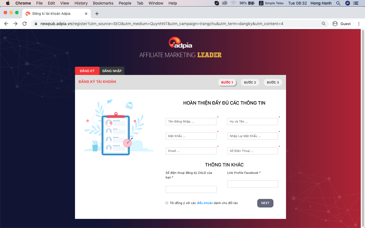 Bước 3 hướng dẫn đăng ký tài khoản affiliate